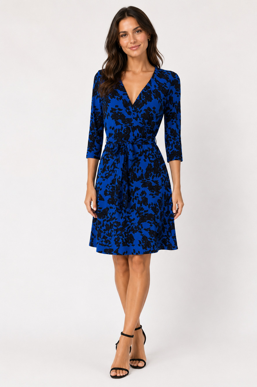 Vince Camuto Womens Blue Black Jersey Knit Full Wrap Style 3/4 Sleeve Dress P XS